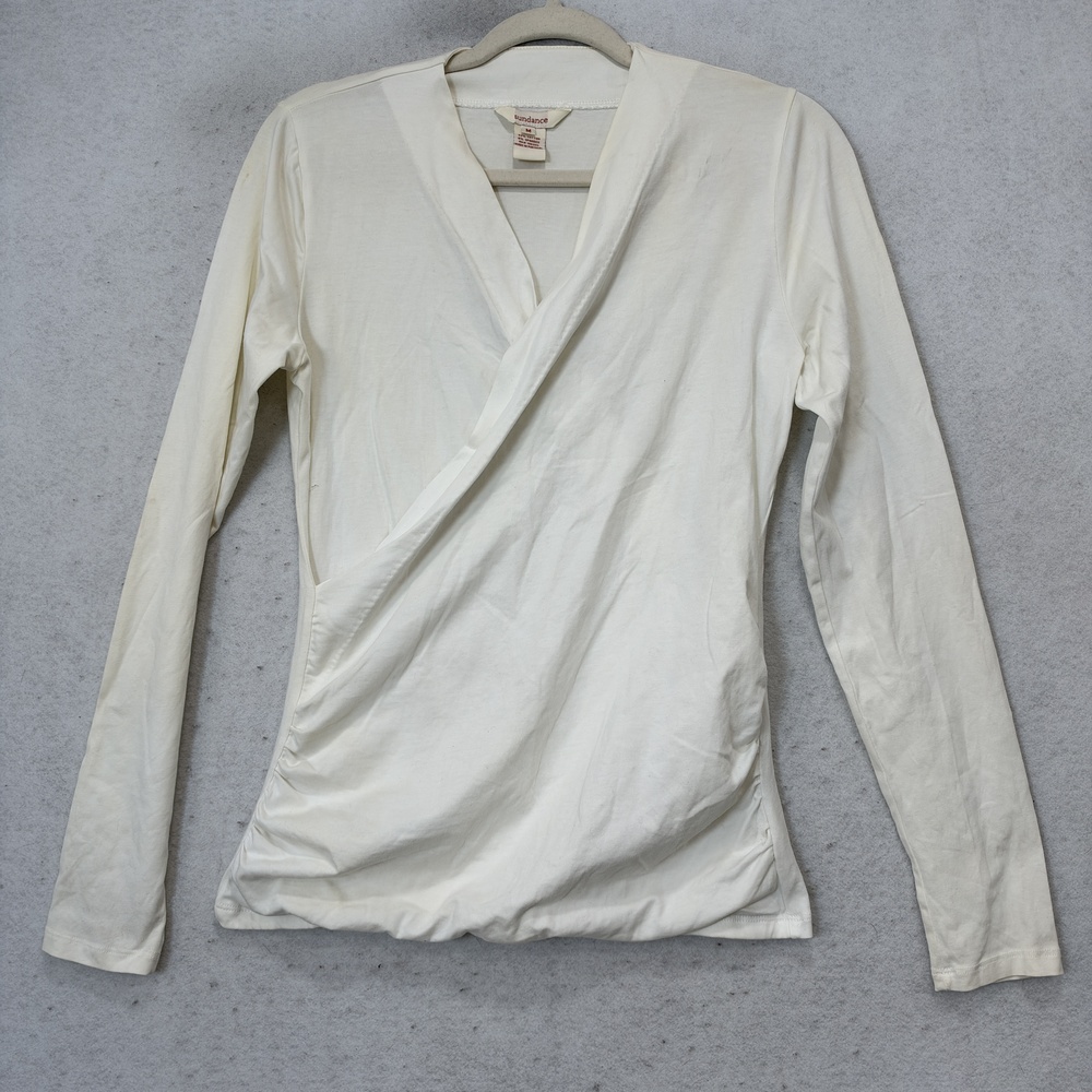 Sundance Shirt Womens Medium White Wrap V Neck Long Sleeve Stretch Jersey Top